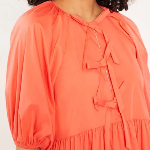 NWT CINQ A SEPT Lynn Dress Neon Coral Orange Ruffle Puff Sleeve Bow Tiered 8 - Picture 3 of 9